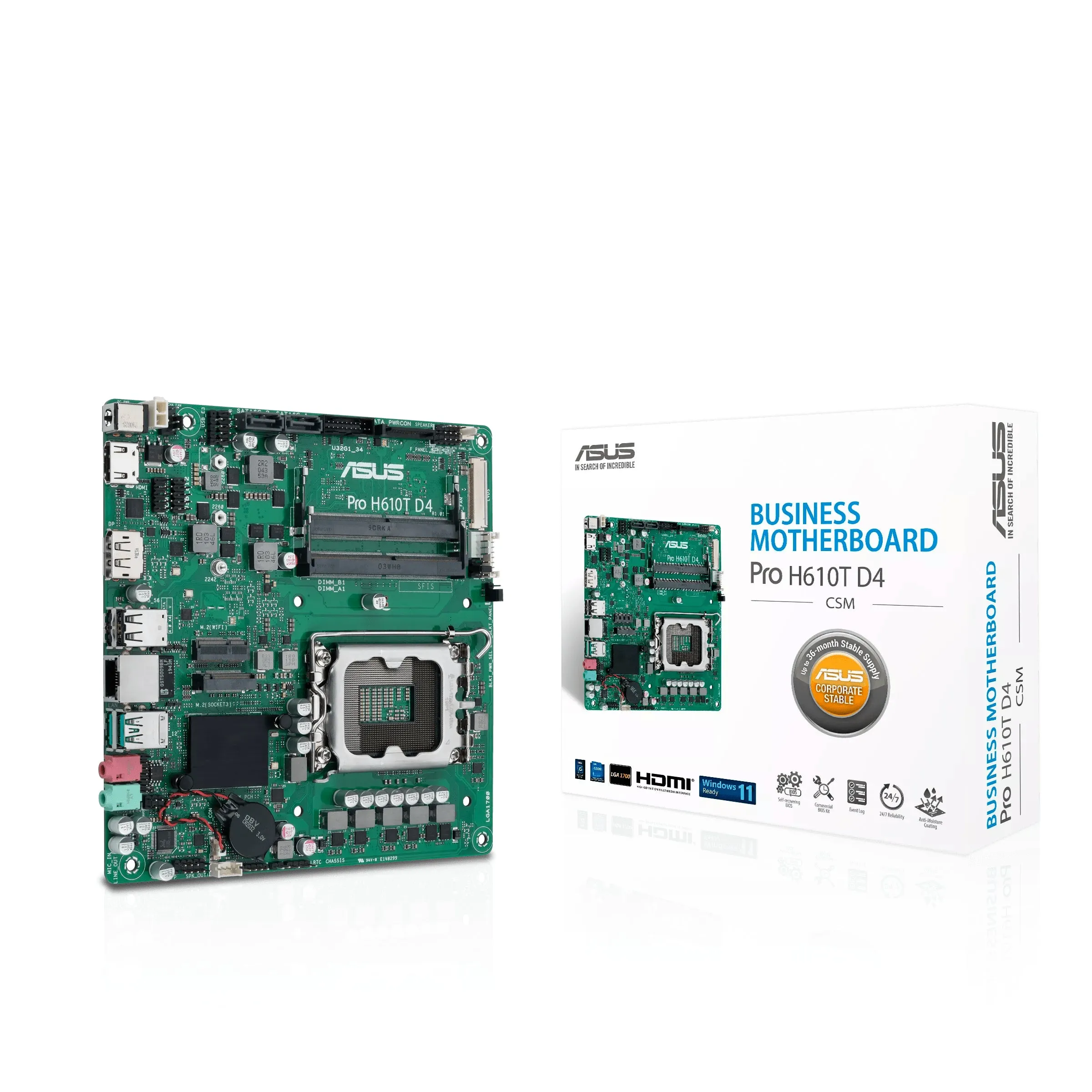 Asus Pro H610t D4-Csm - Motherboard - Thin Mini Itx - Lga1700 Socket - H610 Chipset - Usb 3.2 Gen 1, Usb 3.2 Gen 2 - Gig