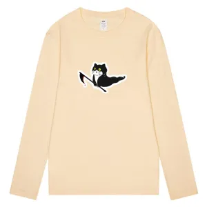 CORIRESHA Teen Ghost Cat T-Shirt Crew Neck Long Sleeve Cotton Halloween Tops
