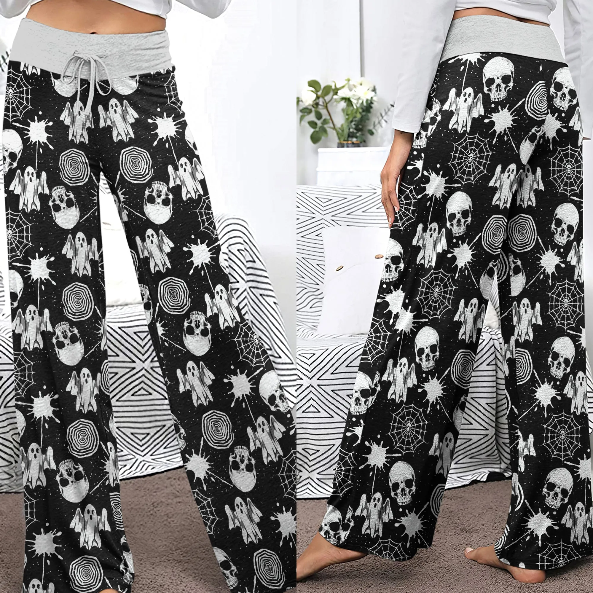 Halloween Skull Pattern Women's High-waisted Wide Leg Pants