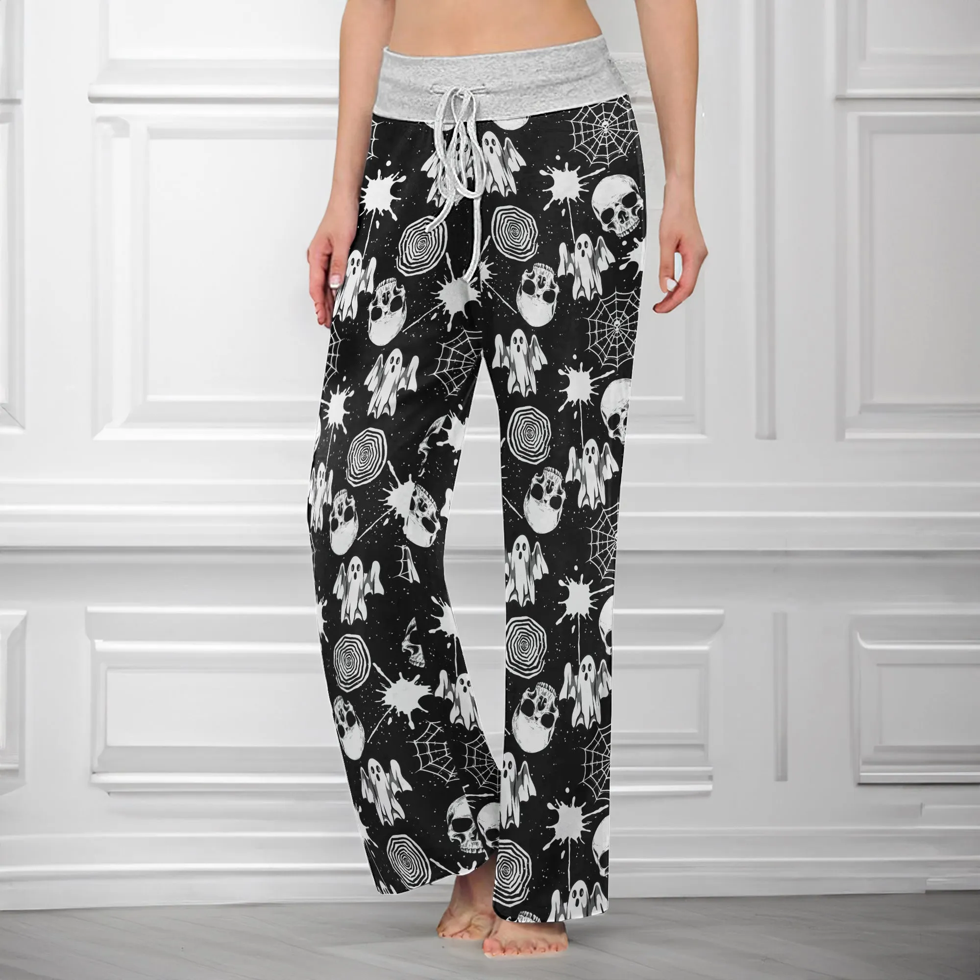 Halloween Skull Pattern Women's High-waisted Wide Leg Pants