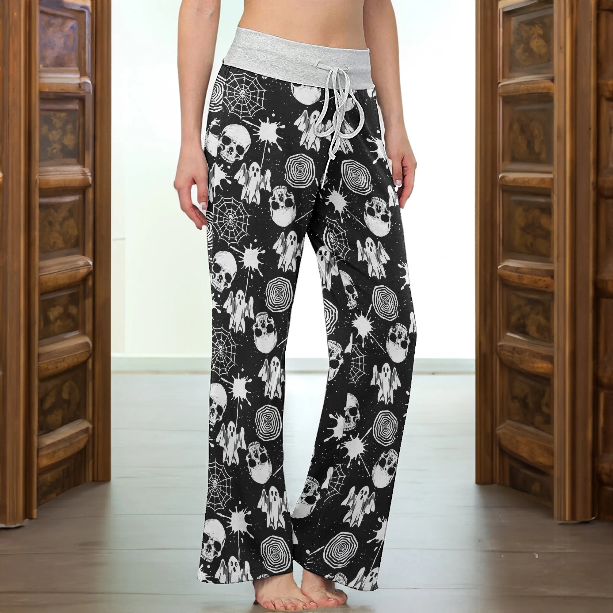 Halloween Skull Pattern Women's High-waisted Wide Leg Pants