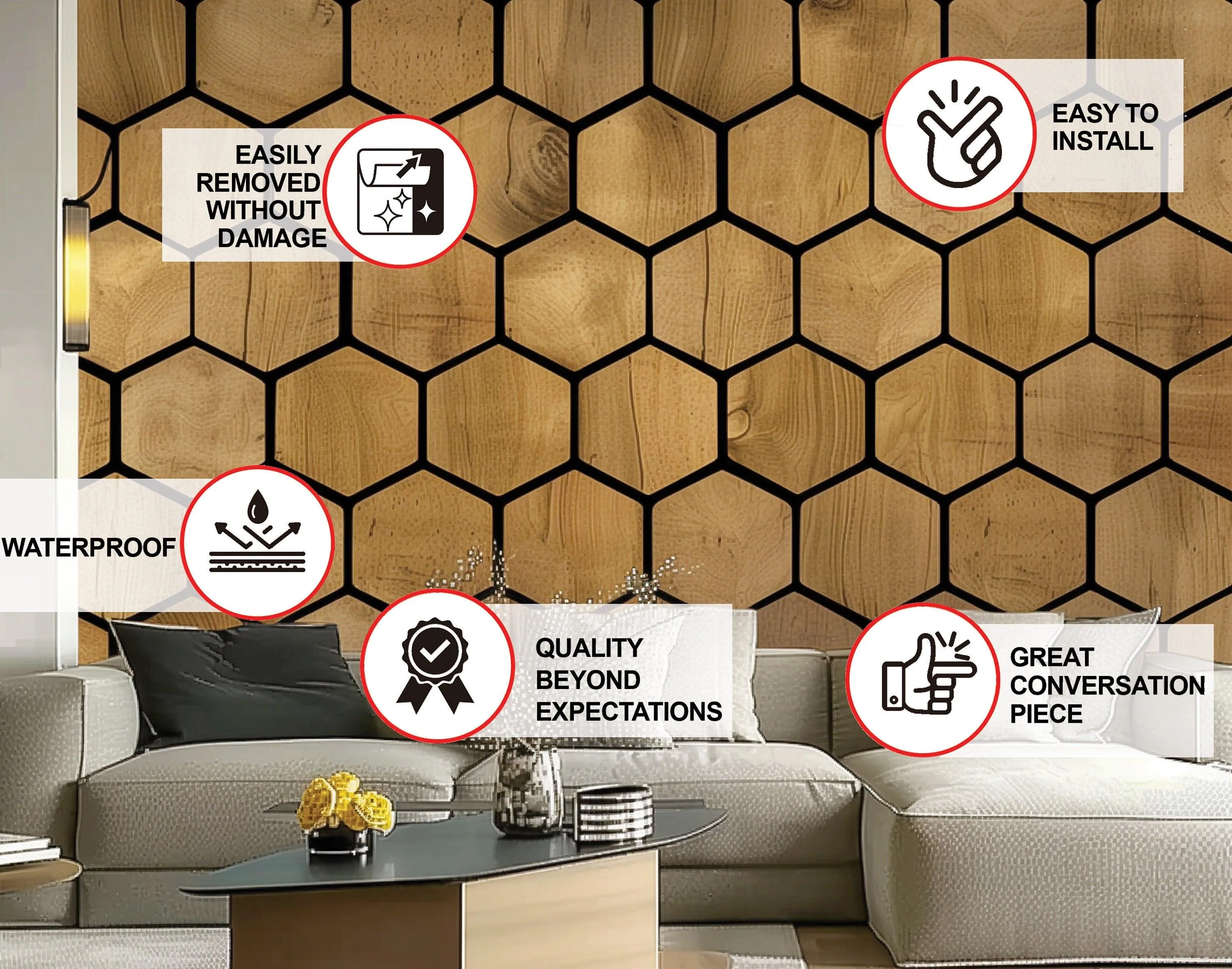 Hexagon Wallpaper Decals - Self-Adhesive Wooden Hexagon Wall Design, Black and Wood Design Honeycomb Stickers, Modern Geometric Room Decor