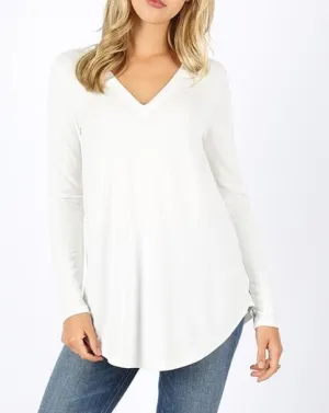 Ivory V-Neck Long Sleeve Tee- T844