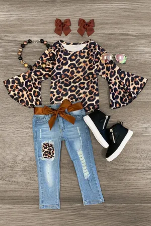 Leopard Bell Sleeve Distressed Denim Pant Set