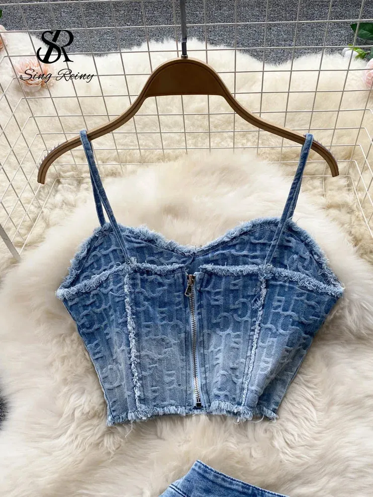 LVSANW Babyoung Women Summer Sexy Denim Set Strapless Sling Zipper Design Tops   Short Button Mini Skirt Short Jeans Two Piece Suits