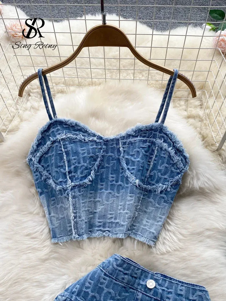 LVSANW Babyoung Women Summer Sexy Denim Set Strapless Sling Zipper Design Tops   Short Button Mini Skirt Short Jeans Two Piece Suits