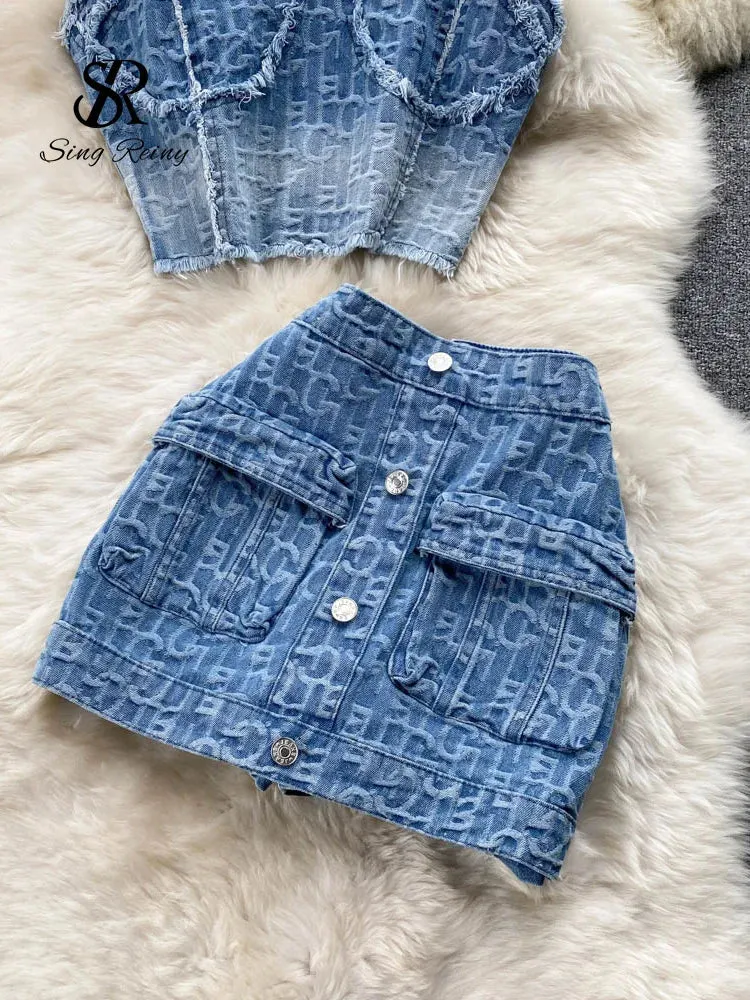 LVSANW Babyoung Women Summer Sexy Denim Set Strapless Sling Zipper Design Tops   Short Button Mini Skirt Short Jeans Two Piece Suits