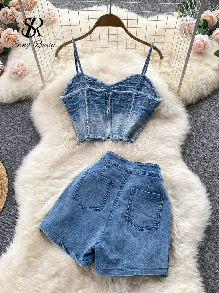 LVSANW Babyoung Women Summer Sexy Denim Set Strapless Sling Zipper Design Tops   Short Button Mini Skirt Short Jeans Two Piece Suits