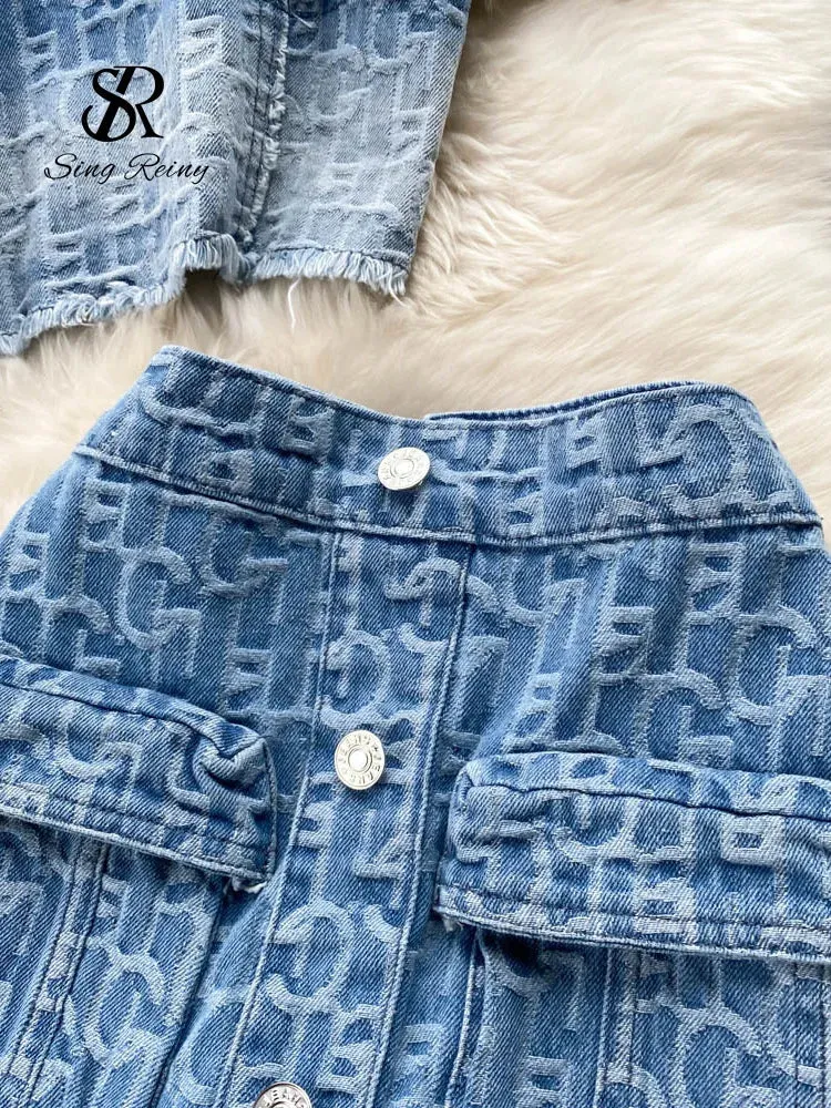 LVSANW Babyoung Women Summer Sexy Denim Set Strapless Sling Zipper Design Tops   Short Button Mini Skirt Short Jeans Two Piece Suits