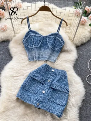LVSANW Babyoung Women Summer Sexy Denim Set Strapless Sling Zipper Design Tops   Short Button Mini Skirt Short Jeans Two Piece Suits