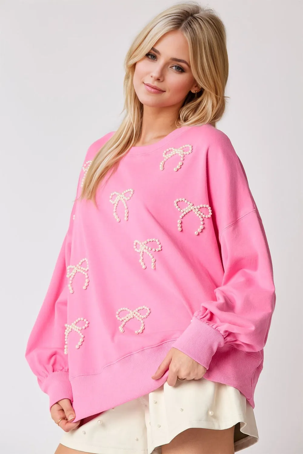 Pearl Bow Round Neck Dropped Shoulder Sweatshirt