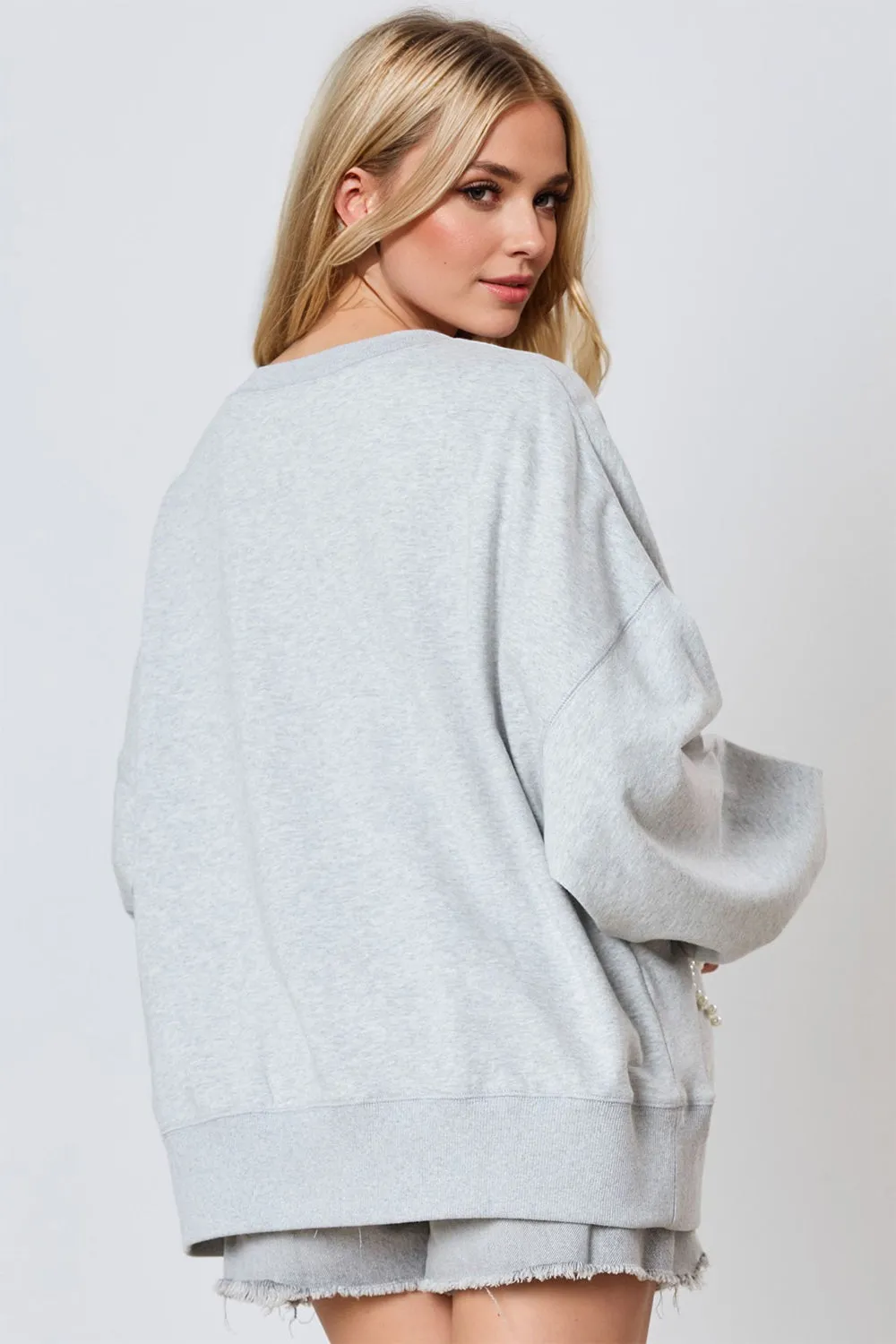 Pearl Bow Round Neck Dropped Shoulder Sweatshirt
