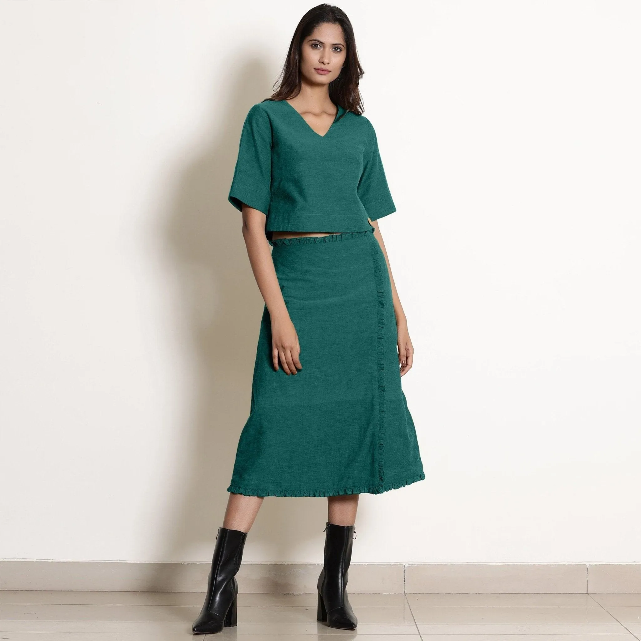 Pine Green Warm Cotton Surplice Neck Wrap Top