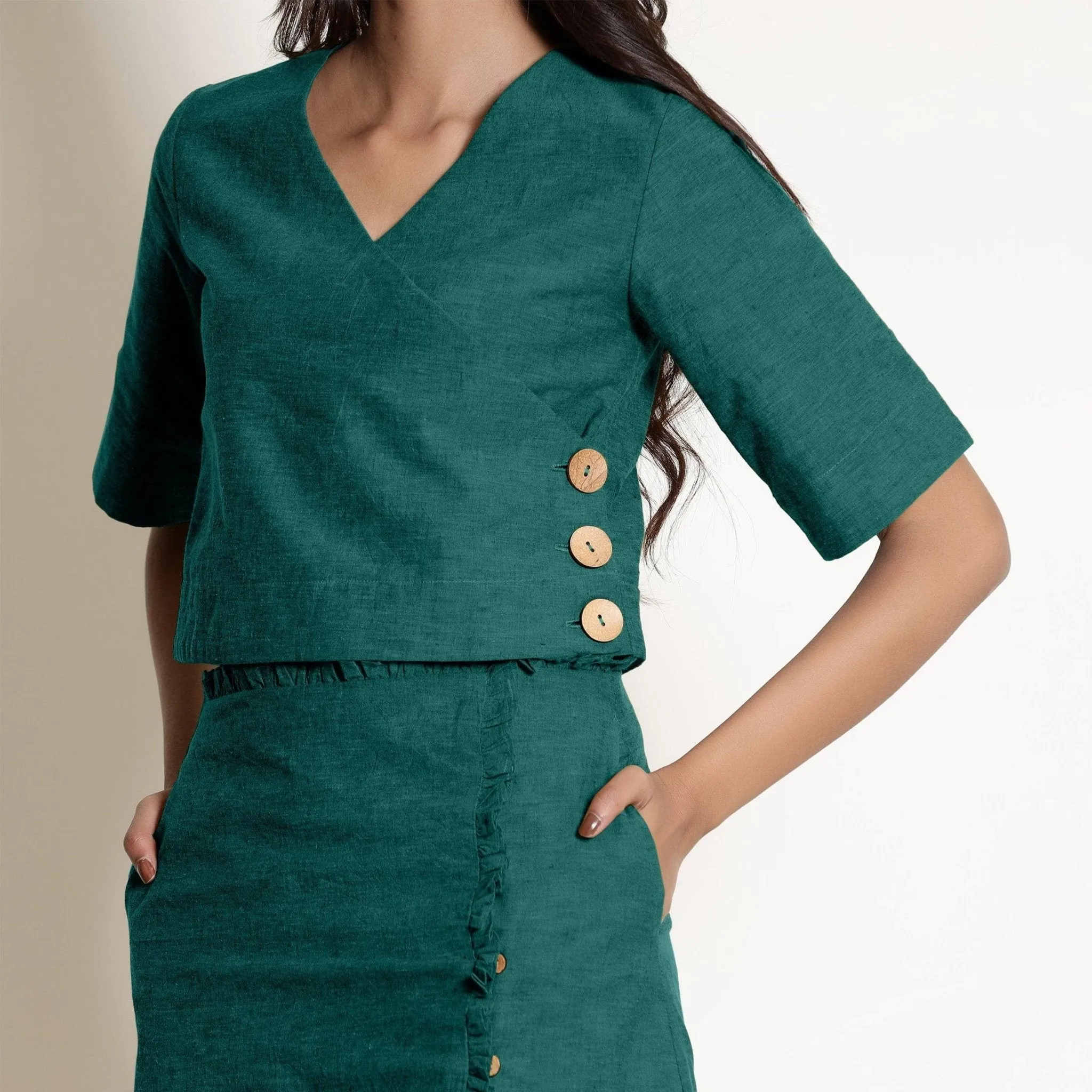 Pine Green Warm Cotton Surplice Neck Wrap Top