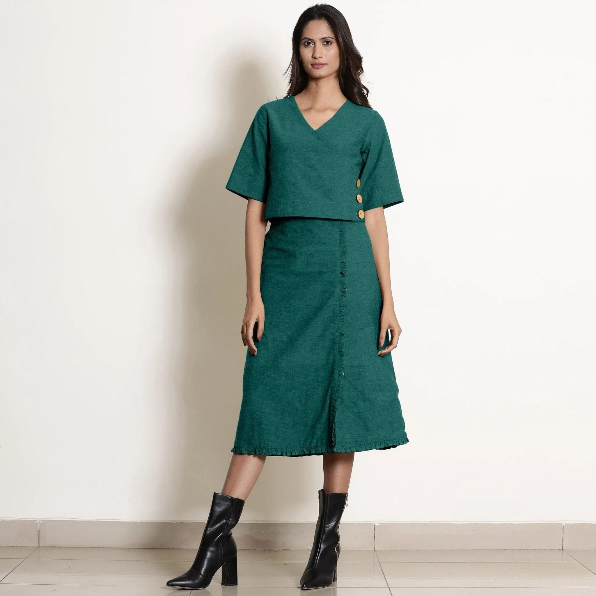 Pine Green Warm Cotton Surplice Neck Wrap Top