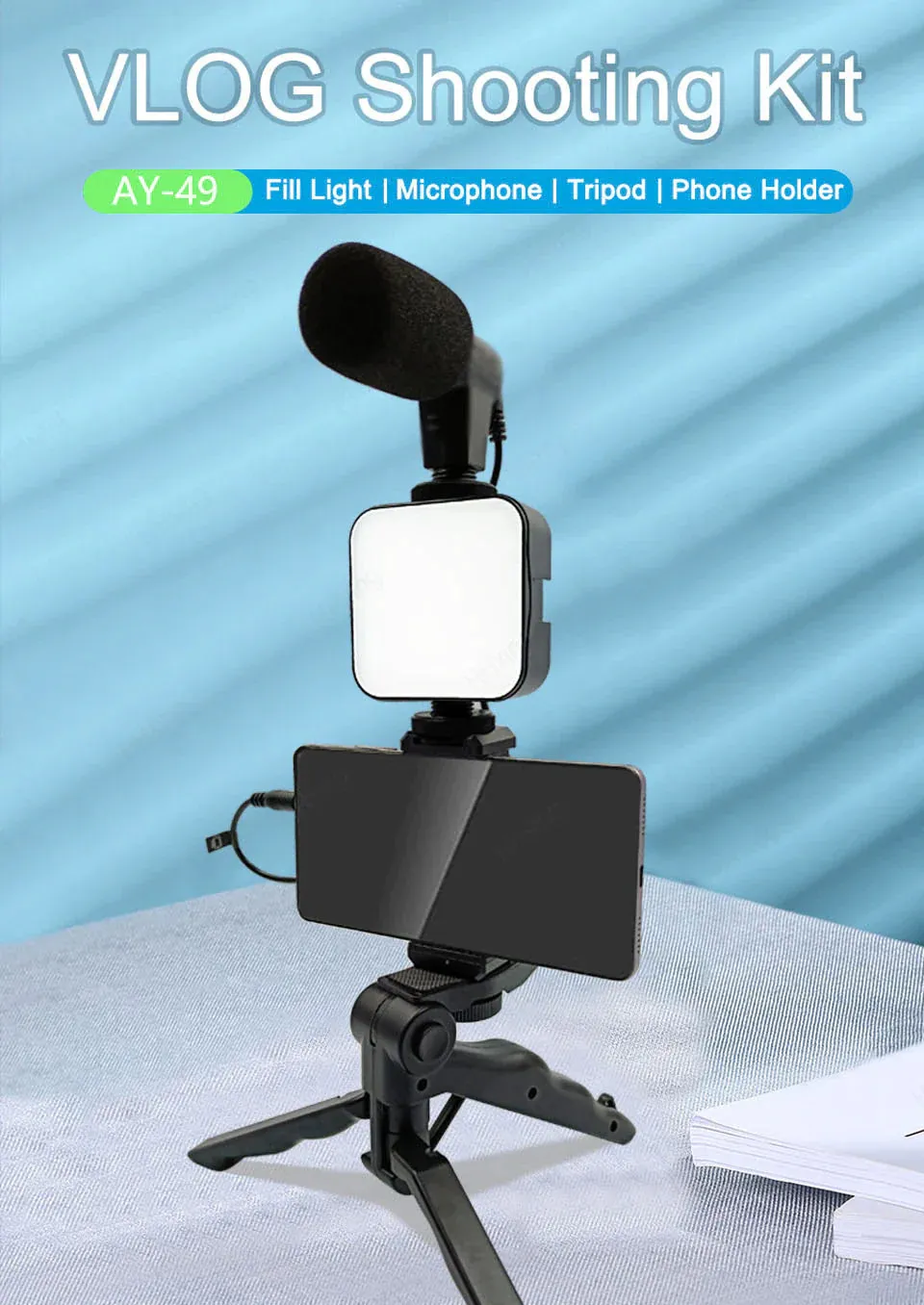 Professional video Microphone kit with Tripod Stand and LED Light
