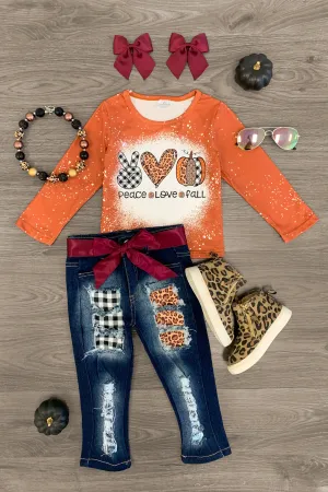 "Peace Love Fall" Distressed Denim Pant Set