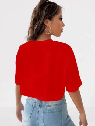 Red Relaxed Fit  Round Neck Crop Top