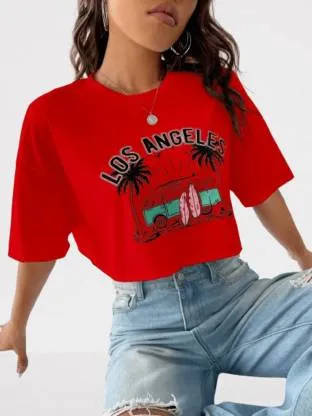 Red Relaxed Fit  Round Neck Crop Top