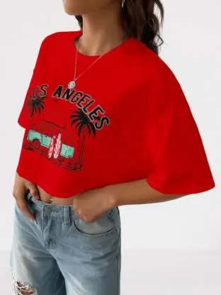 Red Relaxed Fit  Round Neck Crop Top