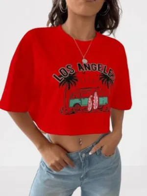 Red Relaxed Fit  Round Neck Crop Top