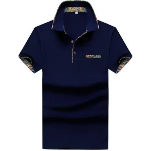 Short Sleeved Cotton Polo Shirts Floral Lined Decoration Turn down Collar