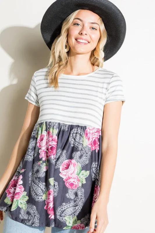 Stripe Paisley Floral Babydoll Top