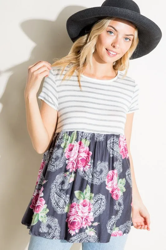 Stripe Paisley Floral Babydoll Top