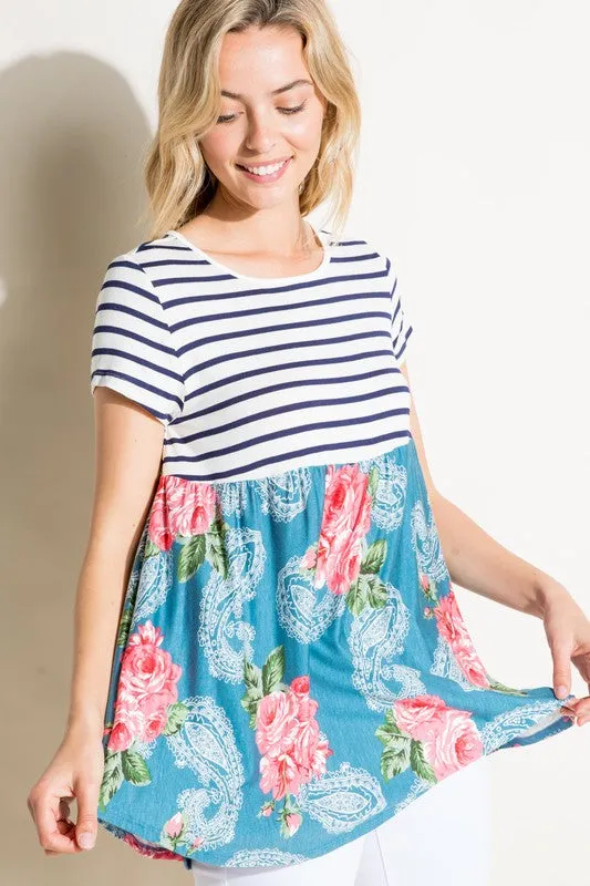 Stripe Paisley Floral Babydoll Top