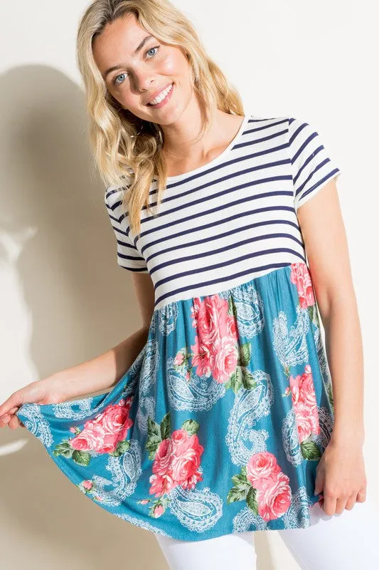 Stripe Paisley Floral Babydoll Top