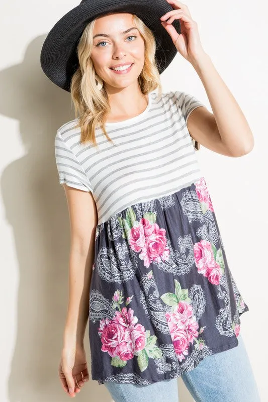Stripe Paisley Floral Babydoll Top