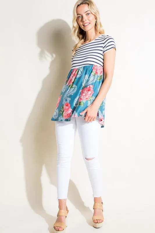 Stripe Paisley Floral Babydoll Top