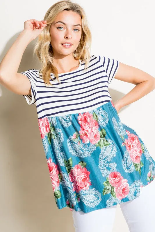 Stripe Paisley Floral Babydoll Top