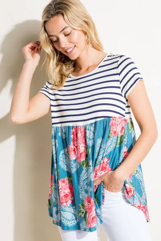Stripe Paisley Floral Babydoll Top