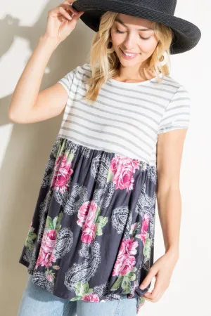 Stripe Paisley Floral Babydoll Top