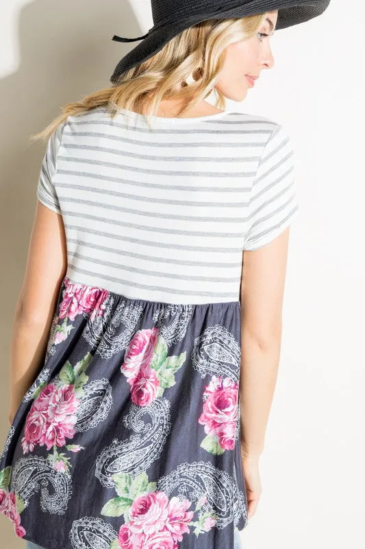 Stripe Paisley Floral Babydoll Top