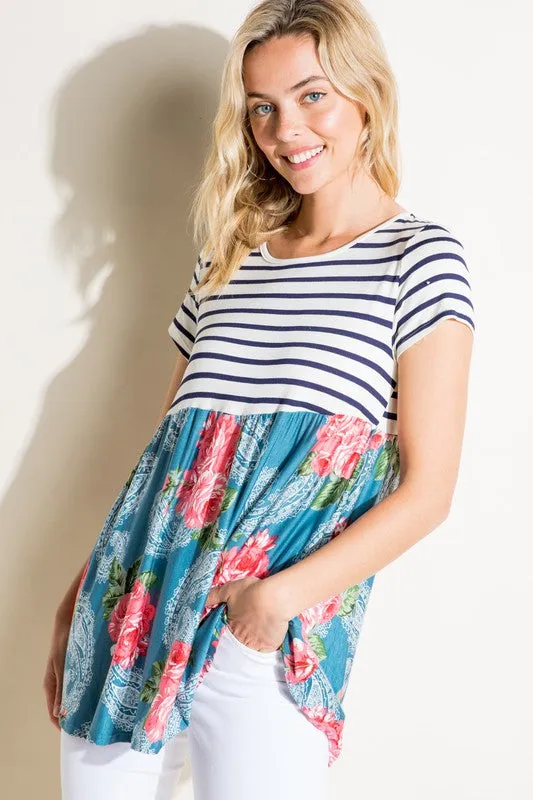 Stripe Paisley Floral Babydoll Top