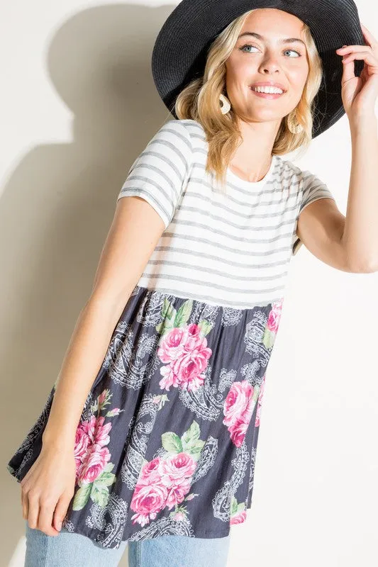 Stripe Paisley Floral Babydoll Top