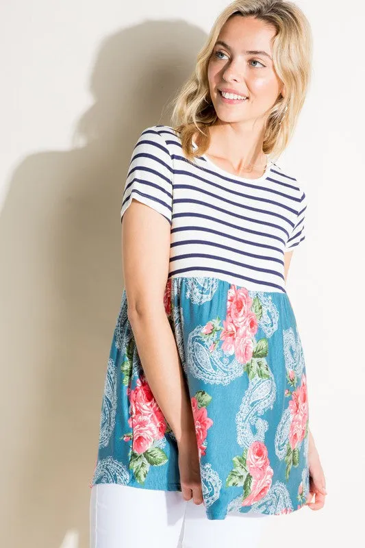 Stripe Paisley Floral Babydoll Top