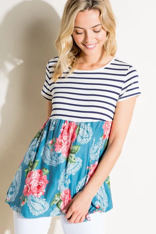 Stripe Paisley Floral Babydoll Top