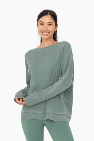 Waffle Knit Oversized Round Neck Pullover - Dark Basil