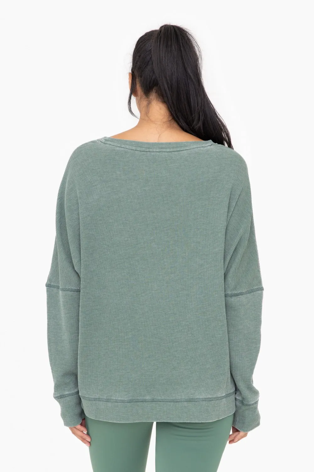 Waffle Knit Oversized Round Neck Pullover - Dark Basil