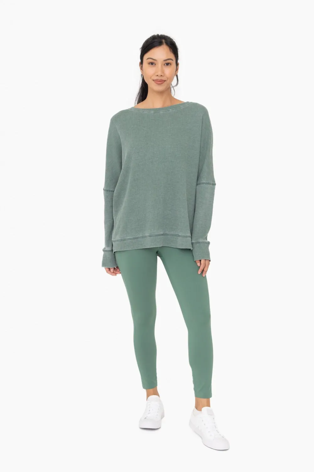 Waffle Knit Oversized Round Neck Pullover - Dark Basil