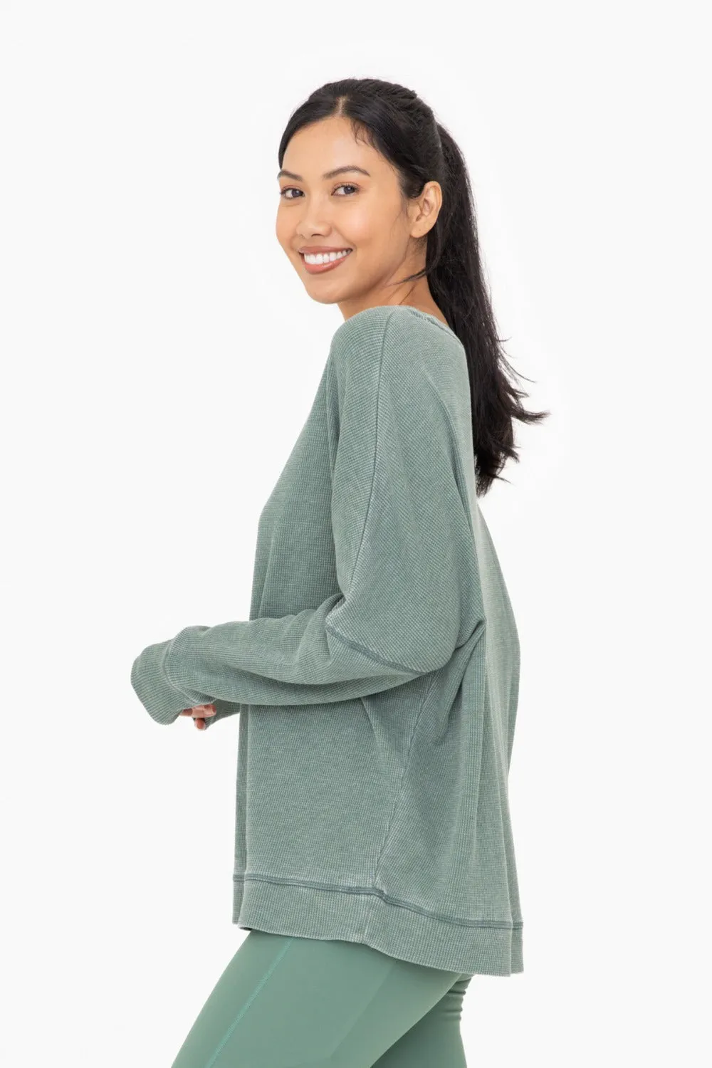 Waffle Knit Oversized Round Neck Pullover - Dark Basil