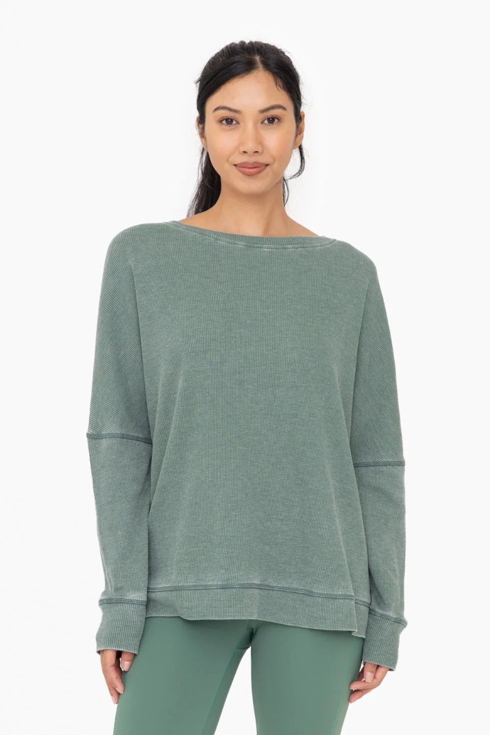 Waffle Knit Oversized Round Neck Pullover - Dark Basil